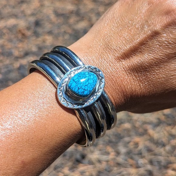 Navajo Bracelet Heavy Sterling Matrix Turquoise Unisex Signed Roger Nelson Sz6.5 - Picture 1 of 10